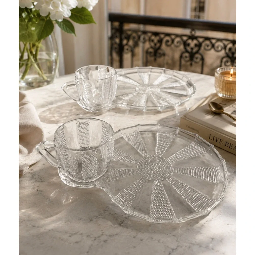 Vintage Style Clear Pressed Glass Snack Set Cup and Plate Sunburst Hobnail 2pc